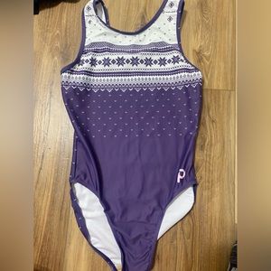 Purple sweater patterned women’s gymnastics leotard from plum